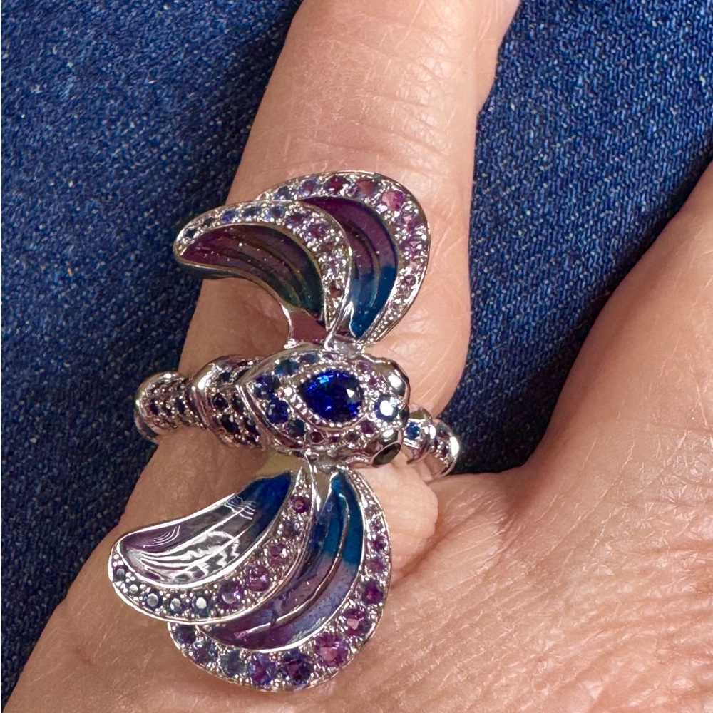 Rare Rene LALIQUE Crystal Libellule 18k Purple Pink Blue Sapphire Dragonfly Ring